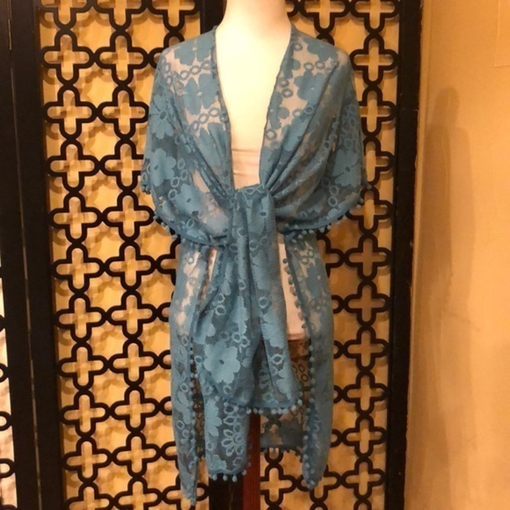BLUE  LACE TRANSPARENT KIMONO W/ POM POM TRIM ALL AROUND CARDIGAN‎ COVERUP